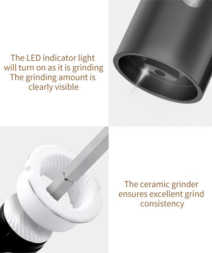 Two-piece portable electric pepper and salt grinder set, with base, USB charging, one-handed operation, adjustable coarseness, 300mAh battery capacity, interchangeable design, essential kitchen helper for cooking, perfect too