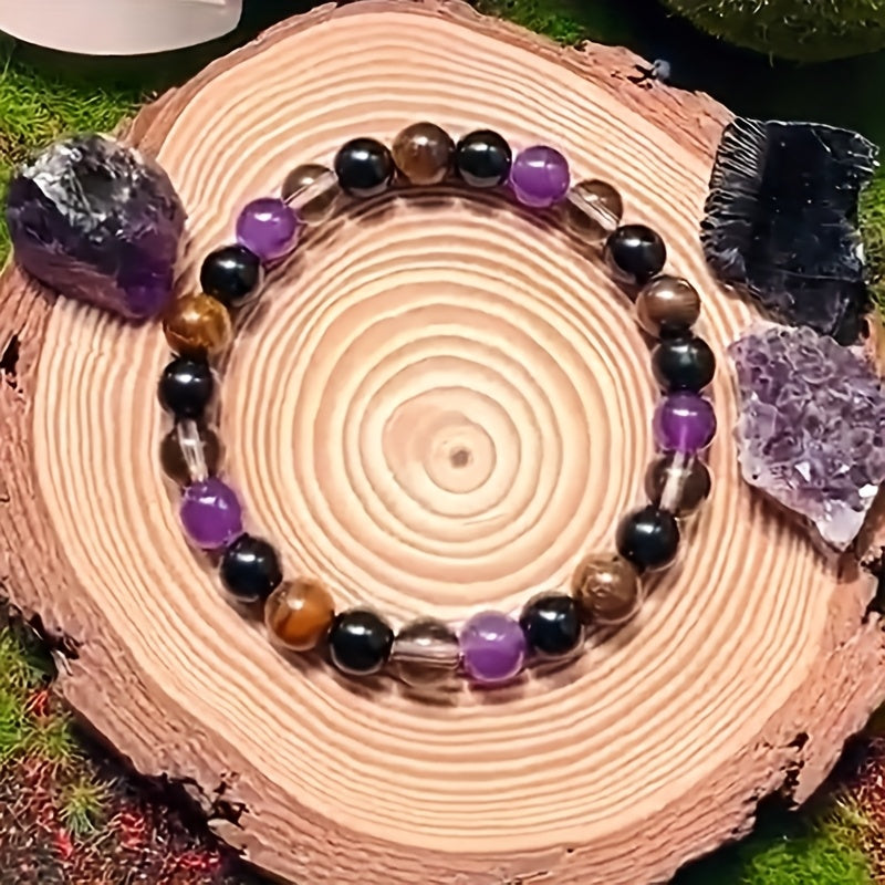 4pcs FUTTMI Natural Stone Elastic Bracelets for Women - Bohemian Style, Protection & Luck Charms, Handmade Stretch Beaded Jewelry with Tiger Eye, Obsidian, Amethyst & Smoked Quartz for Daily Wear & Gifts, Charm Beads for Brac