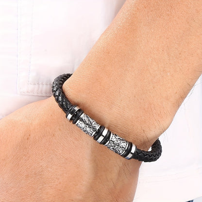 Men's Leather Bracelet, Handwoven Faux Leather Wristband - 21cm Elegant Multi-Layer Adjustable Strap, Durable Daily & Party Accessory Gift for Him