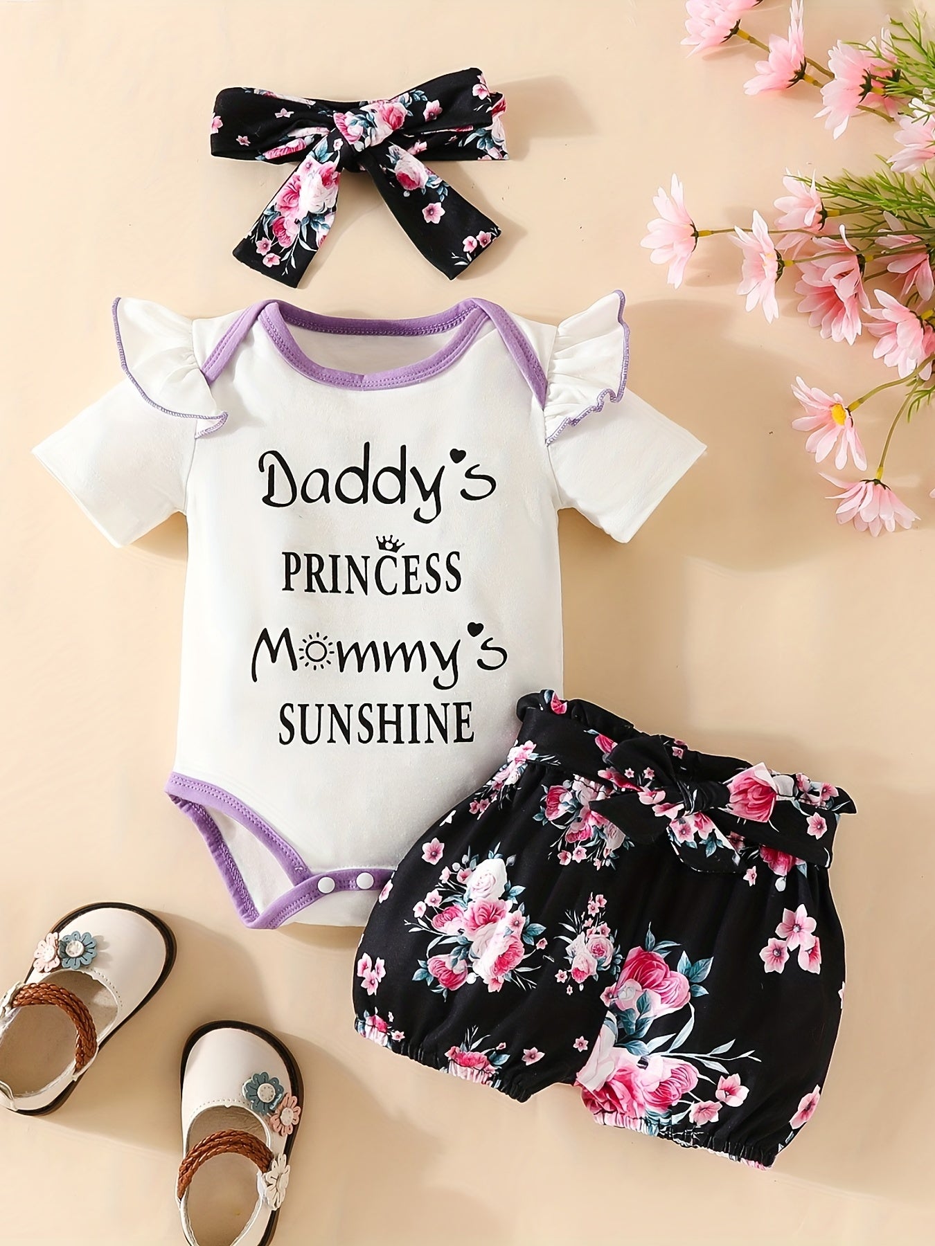 3pcs Short Sleeve & Shorts Set for Newborns - "I'm Daddy's Girl" Letter Print Pants and Headband, Mommy's World Alphabet Kids' Outfit, Perfect for Outdoor
