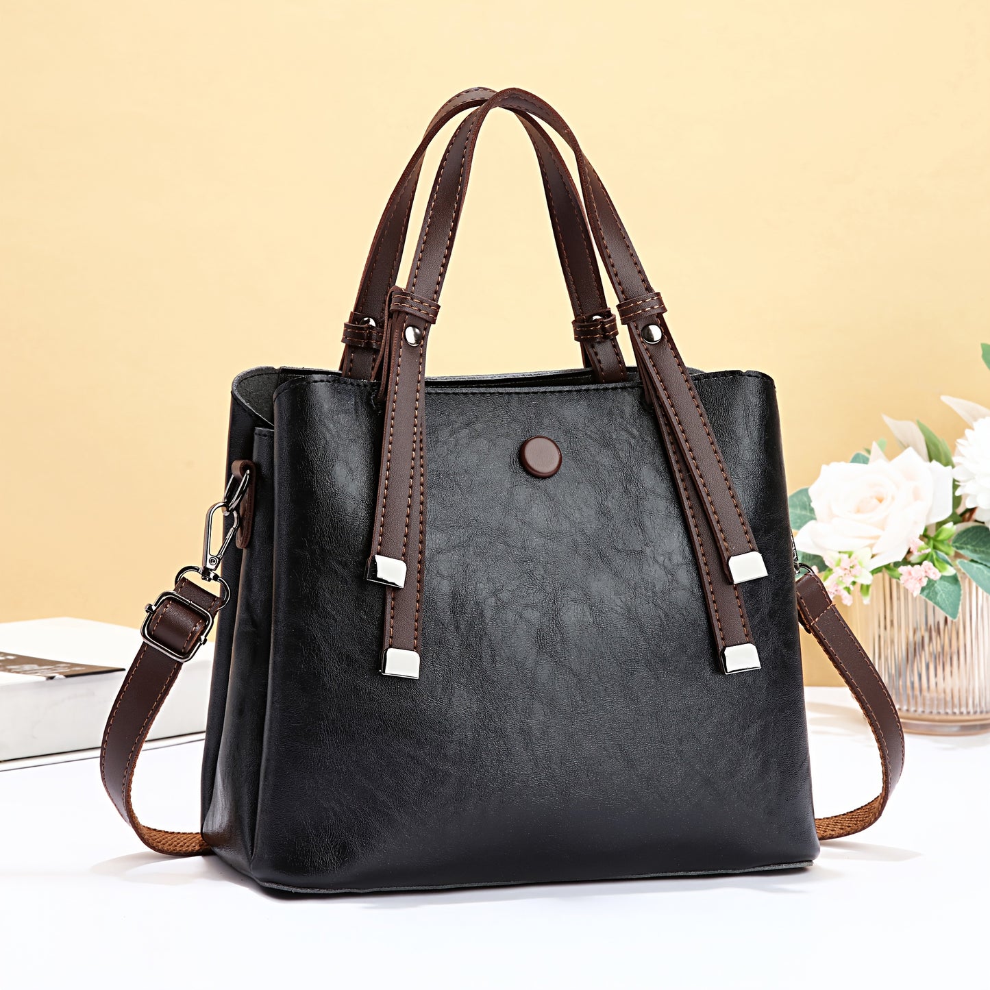 Women's Vintage Handbag with Detachable Crossbody Strap - Large Capacity Tote & Shoulder Bag, Golden-Tone Hardware, Zipper Closure, Lining, Golden-Tone Hardware - Elegant Brown/Beige/Coffee/Red/Black, Versatile for Work, Trav