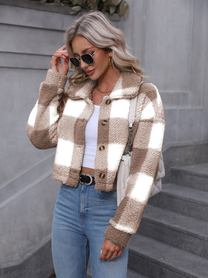 Plaid Teddy Coat, Casual Button Front Long Sleeve Winter Warm Outerwear, Women's Clothing