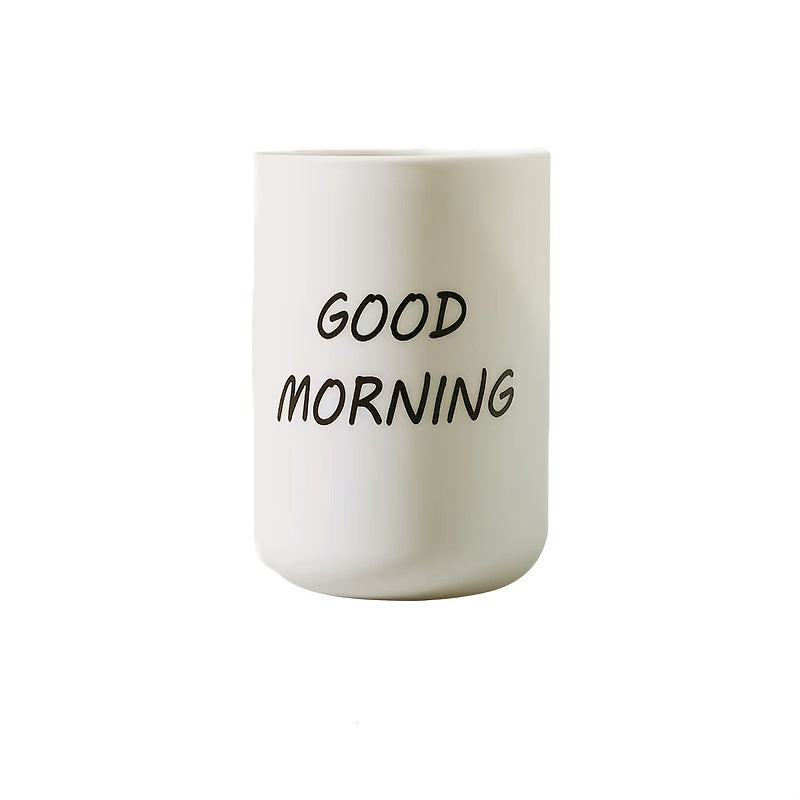 1pc Minimalist Plastic Toothbrush Cup, "Good Morning" Printed Family Bathroom Rinse Mug, Creative Oral Care Cups, Toothbrush Cup