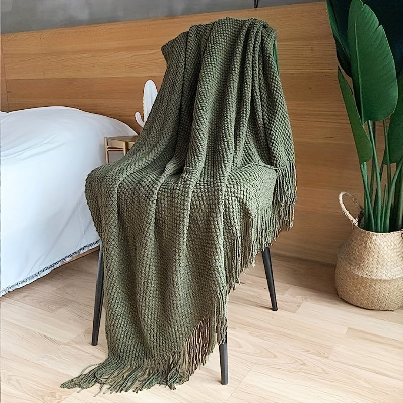 1pc Throw Blanket with Tassels, Bubble Textured Lightweight Throw Blanket for Couch Bed Sofa Home Decor