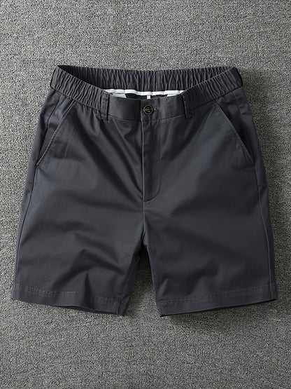 Men's Summer Micro-Elastic Casual Shorts - Four-Tenths Length, Olive Green, Mid-Rise Waist, Elastic Waistband, Side Pockets, Lightweight & Breathable for Casual Attire