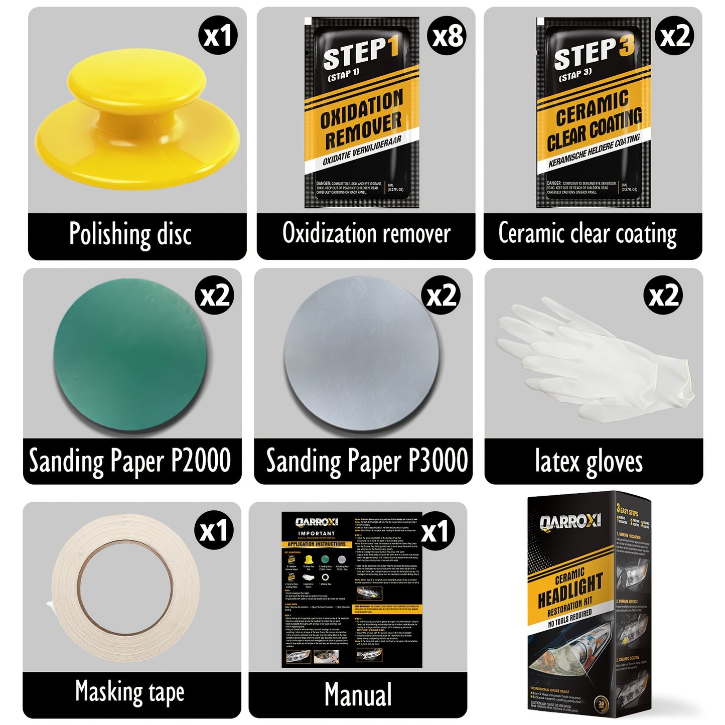 QARROXI Cefor ramic Headlight Restoration Kit, 3-Step DIY Headlight Renewal, UV Blocking Clear Coat, Enhanced Light Output & Beam Precision, Durable Fabric Material, with Compatible Multiple Models for Uncharged