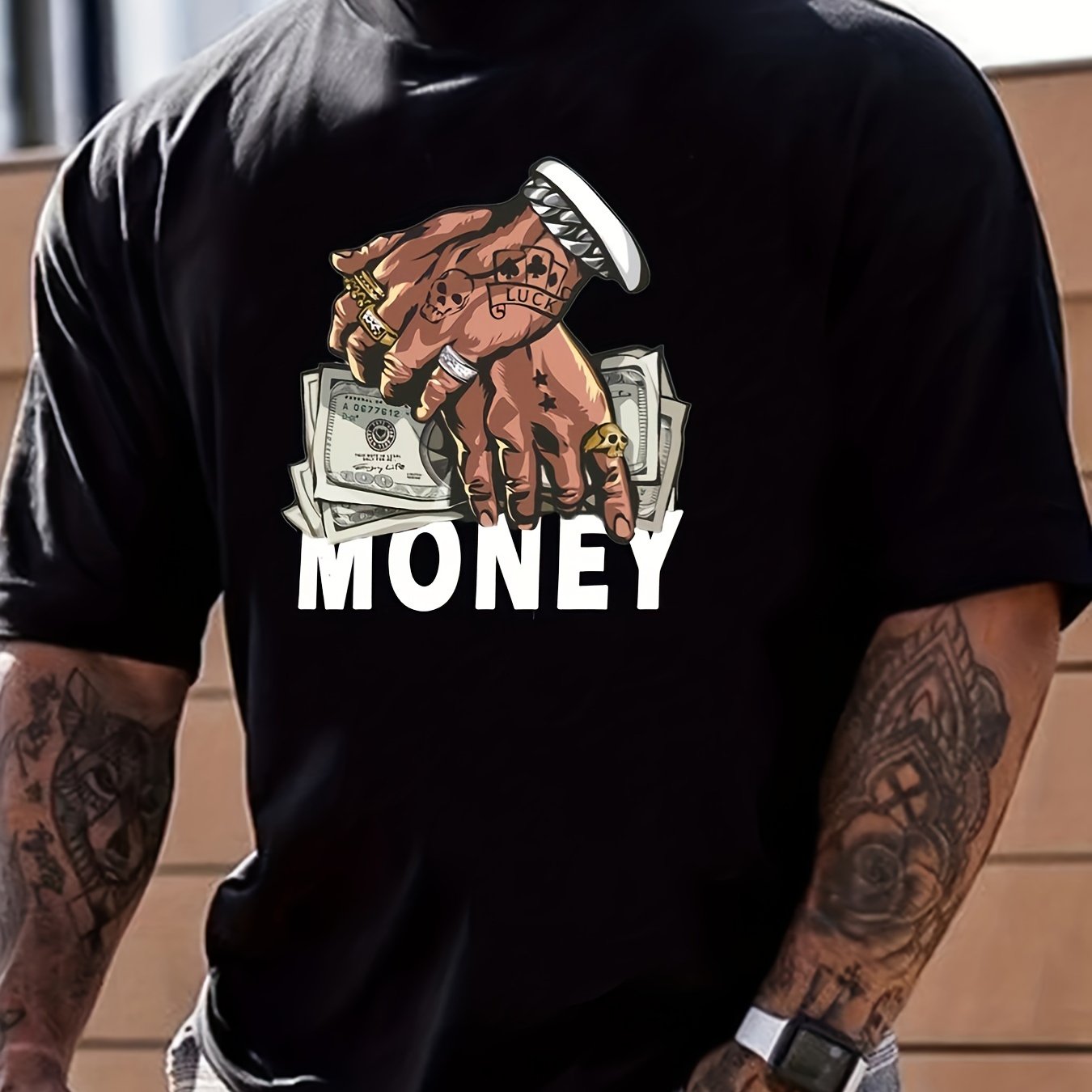 Cartoon Money & Hands Print, Men's Graphic Design Crew Neck Niche T-shirt, Casual Comfy Tees Tshirts For Summer, Men's Clothing Tops For Daily Vacation Resorts