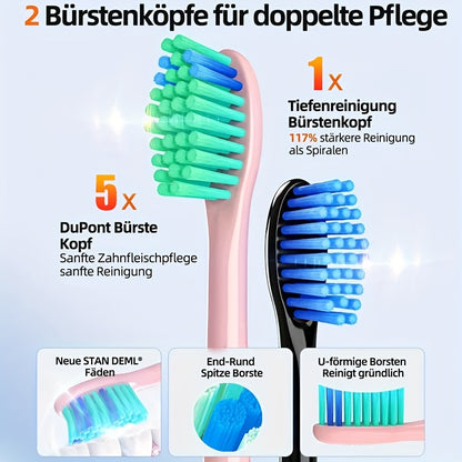 Escova de dentes elétrica sónica recarregável, limpeza profunda com 5 modos, 6 cabeças de escova de substituição, equipada com base de carregamento USB, portátil, ideal para viagens, dormitórios, presente, preta, rosa, azul.