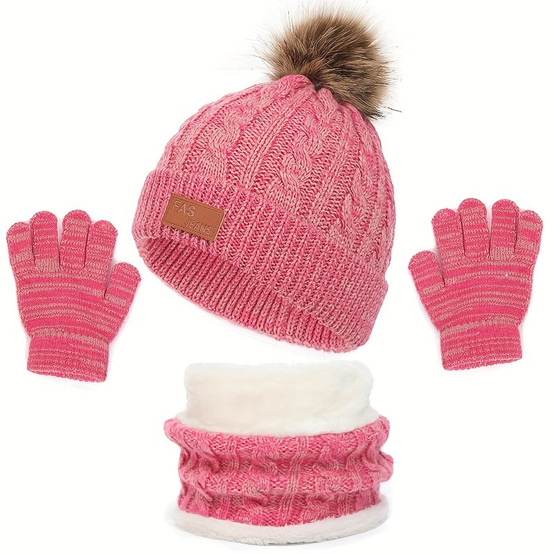 Conjunto de 3 peças para o inverno infantil: cachecol de veludo quente, gorro e luvas de malha para bebé dos 2 aos 8 anos.
