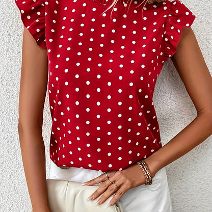 Polka Dot Print Mock Neck Blouse, Elegant Ruffle Sleeve Blouse For Spring & Summer, Women's Clothing