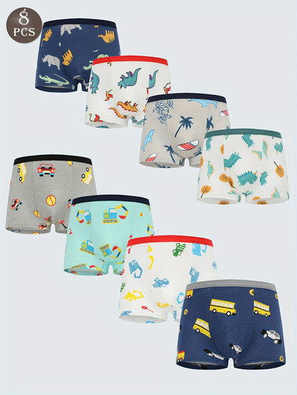 Conjunto de 8 Cuecas Boxer para Criança com Estampas de Dinossauro e Camião Escavador - Tecido Elástico Respirável, Cintura Elástica, Roupa Íntima Macia e Casual para Jovens, Cuecas Boxer Elegantes para Meninos