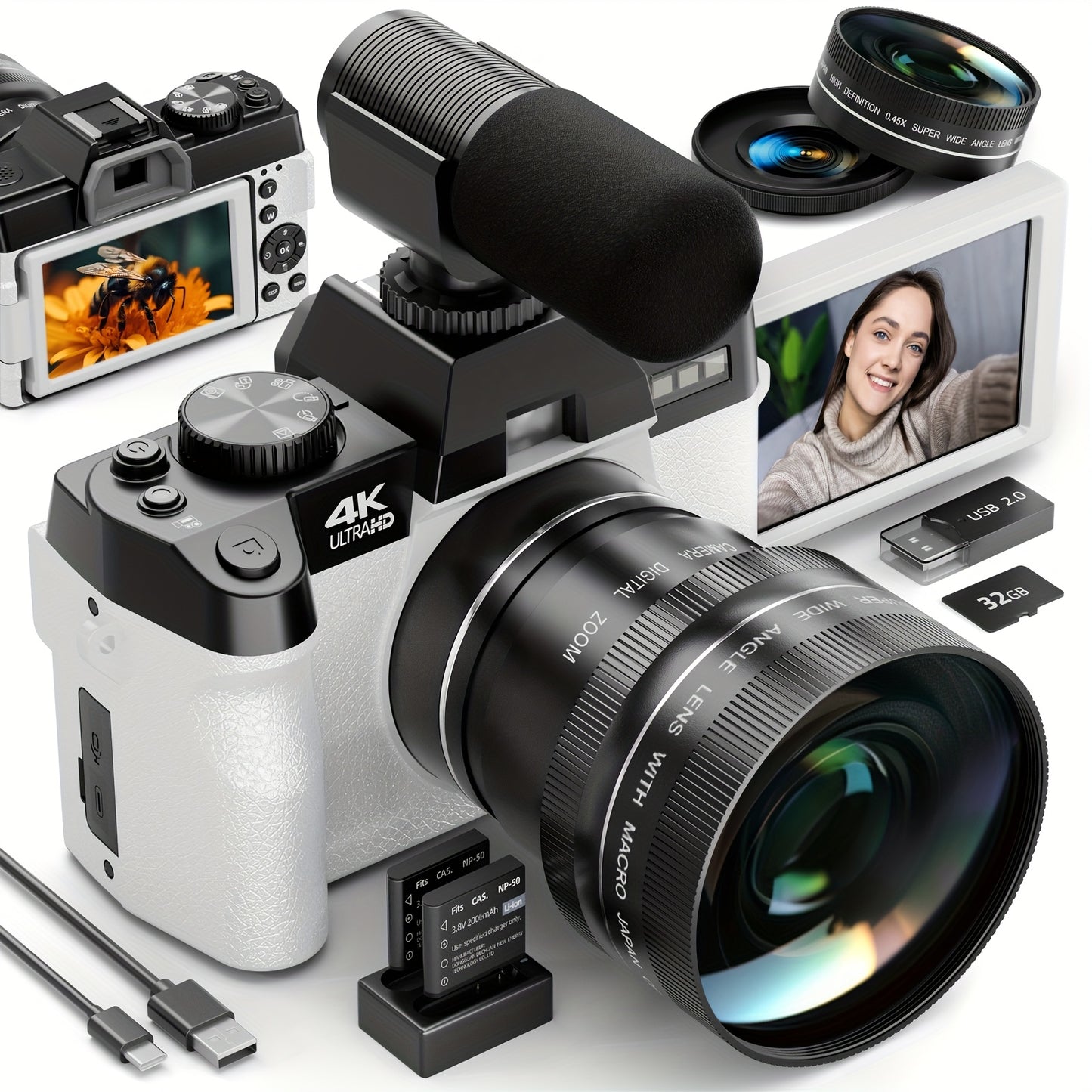 NBD 48MP Digital Cameras for Photography with WiFi & App Control, 4K Autofocus Vlogging Camera for YouTube with 16X Zoom, Anti-Shake, 32GB TF Card, Dual Batteries, 52mm Wide Angle & Macro Lens