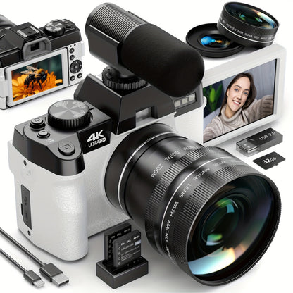 NBD 48MP Digital Cameras for Photography with WiFi & App Control, 4K Autofocus Vlogging Camera for YouTube with 16X Zoom, Anti-Shake, 32GB TF Card, Dual Batteries, 52mm Wide Angle & Macro Lens