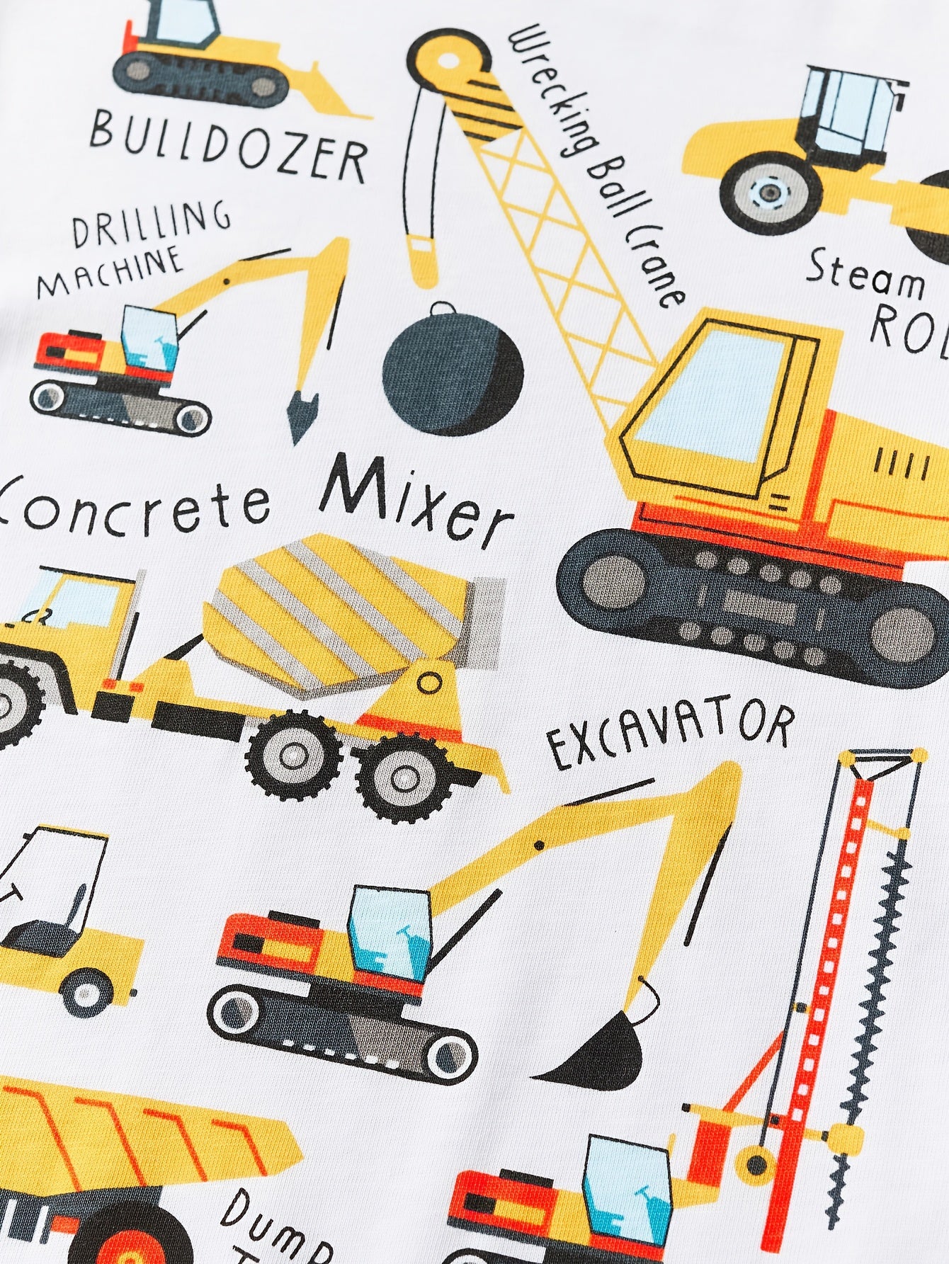 T-shirt de manga curta para criança em algodão com estampa de escavadora de desenho animado, respirável e moderna para o verão.