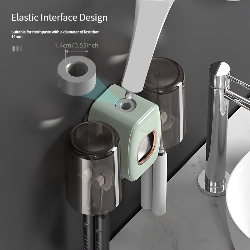 1pc Automatic Toothpaste Dispenser & Brush Holder, Toothbrush Holders With Automatic Toothpaste Squeezer Device For Bathrooms, Toothbrush Organizer With Cup, Wall Mounted Shower Room Decor Set
