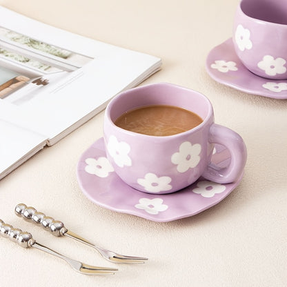 1set YumiPLUS Handmade Floral Ceramic Mug and Saucer Set, Purple Irregular Flower Design, 220ml/7.4oz, Reusable, Insulated, Machine Washable, Multipurpose Coffee Cup for Tea, Milk, Gift for Her