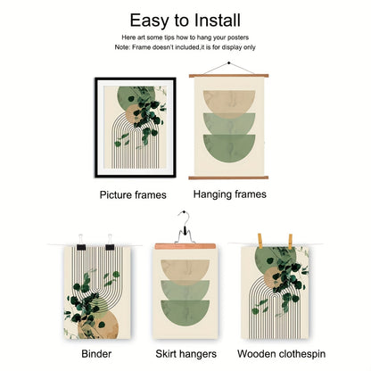 3pcs Boho Green Plant Eucalyptus Leaf Geometry Graphic Art Poster - Retro Canvas Print For Modern Wall Decor In Living Room And Home