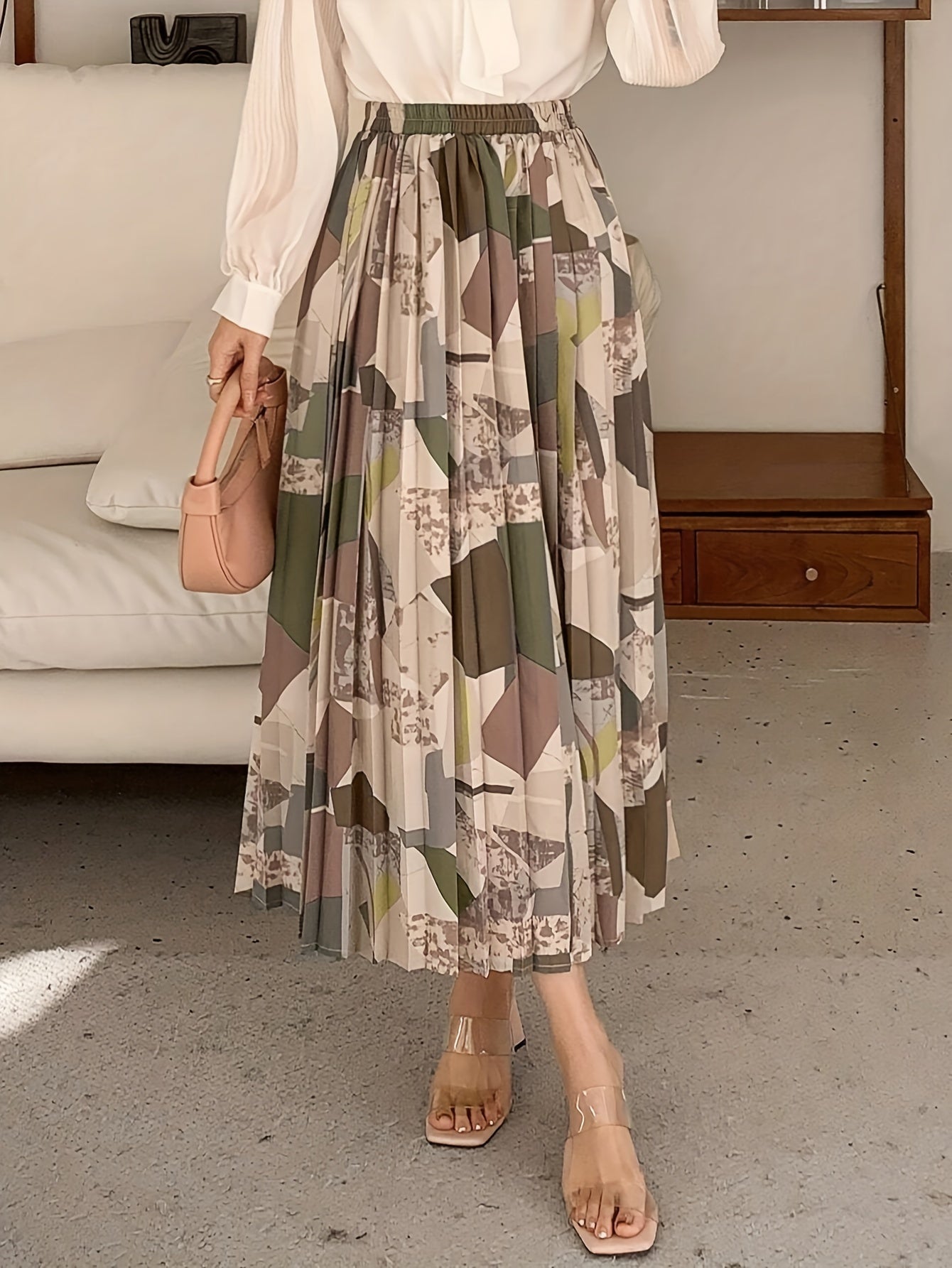 Saia midi plissada com estampado geométrico elegante para mulher - Versátil, moderna, em tecido de poliéster sem elasticidade, lavável à máquina - Perfeita para todas as estações | Barra assimétrica | Caimento confortável