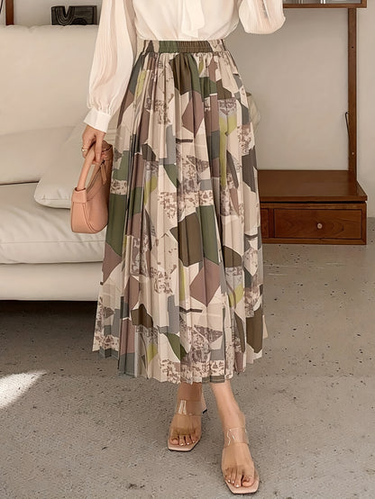 Saia midi plissada com estampado geométrico elegante para mulher - Versátil, moderna, em tecido de poliéster sem elasticidade, lavável à máquina - Perfeita para todas as estações | Barra assimétrica | Caimento confortável