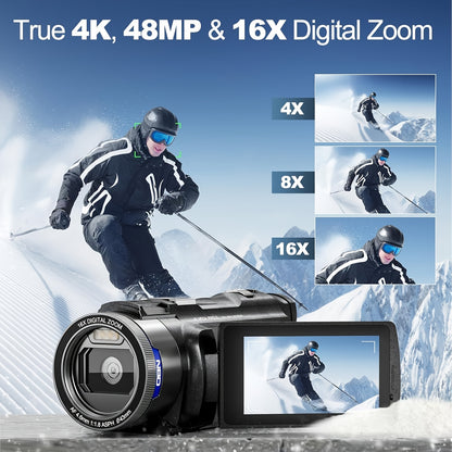 NBD 4K Ultra HD Camcorder Video Camera with True 48MP, Vlogging Camera with Wi-Fi & App Control, Video Recorder with 3X Battery Life, 16X Zoom, External Mic, 270° IPS Screen, Suitable for Recording A Better Life.