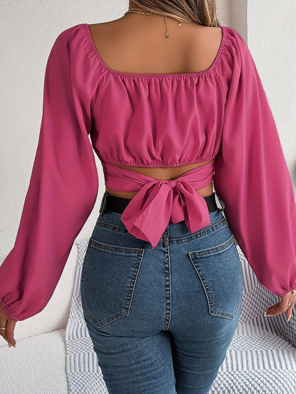 Square Neck Cross Tie Back Crop Blouse, Elegant Lantern Sleeve Slim Blouse For Spring & Fall, Women's Clothing