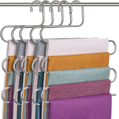 5-Tier Stainless Steel S-Shaped Pants Hanger - Non-Slip, Space-Saving Multi-Layer Jeans and Trousers Organizer with Polished Finish, Durable Metal Wardrobe Storage Solution for Neat Closet Organization