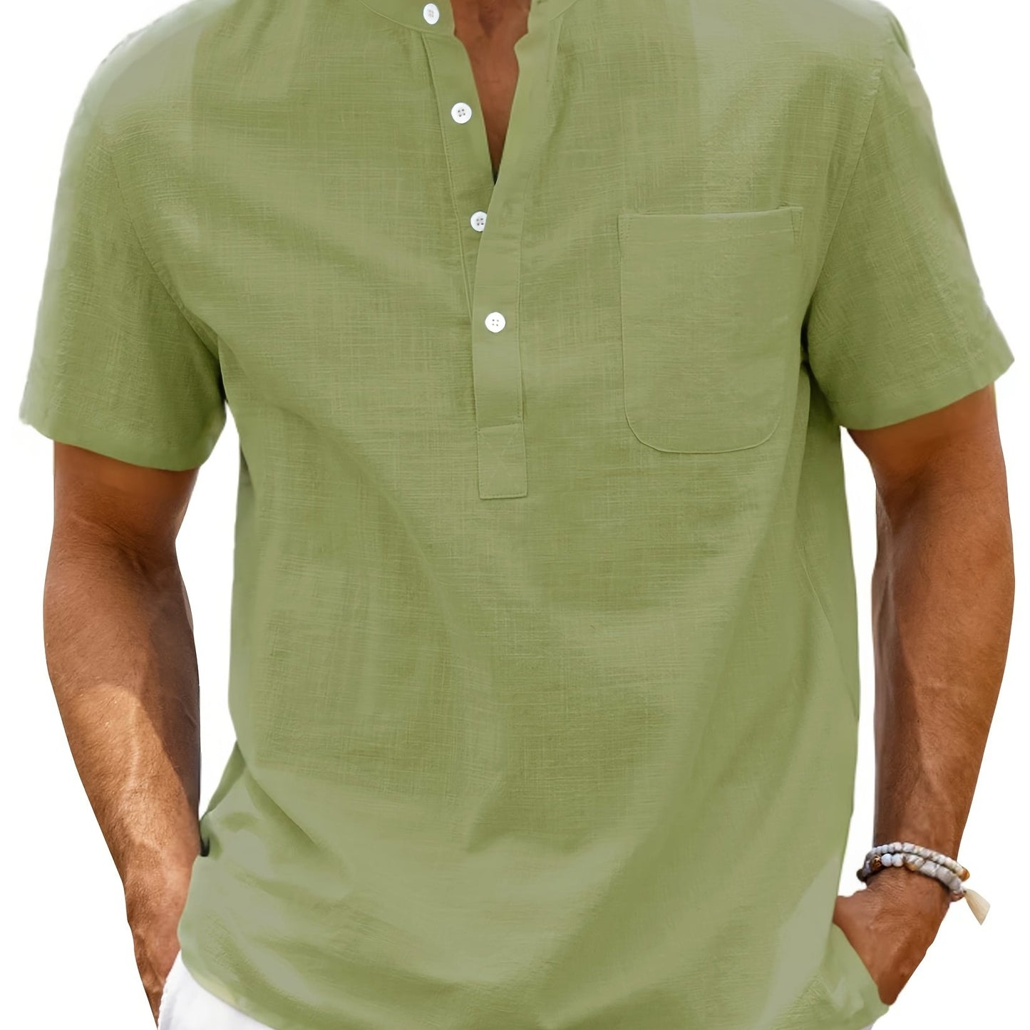 Men's Shirt Top, Solid Band Collar Short Sleeve Closure Summer Male Casual Henley Shirt For Daily Business Formal Shirts For Men