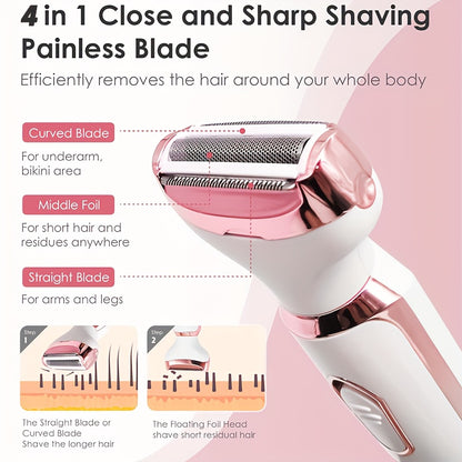 4 In 1 Women's Electric Hair Remover/Women's Multi-Function Electric Hair Remover Set/Women's Bikini Trimmer/USB Rechargeable/Hair Remover for Pubic Hair, Eyebrows, Nose, Face, Legs, / Portable, Gentle, Women's Gift, Mother's