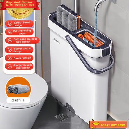 Mop And Bucket Set, Upgraded Slim Gap Storage 2-in-1 Hands-Free Mop Bucket Set, Integrated Scrubbing and Washing Design for Wooden Floors and Tiles, Space-Saving Portable Home Cleaning Tool, Comes with 2 Washable and Reusable