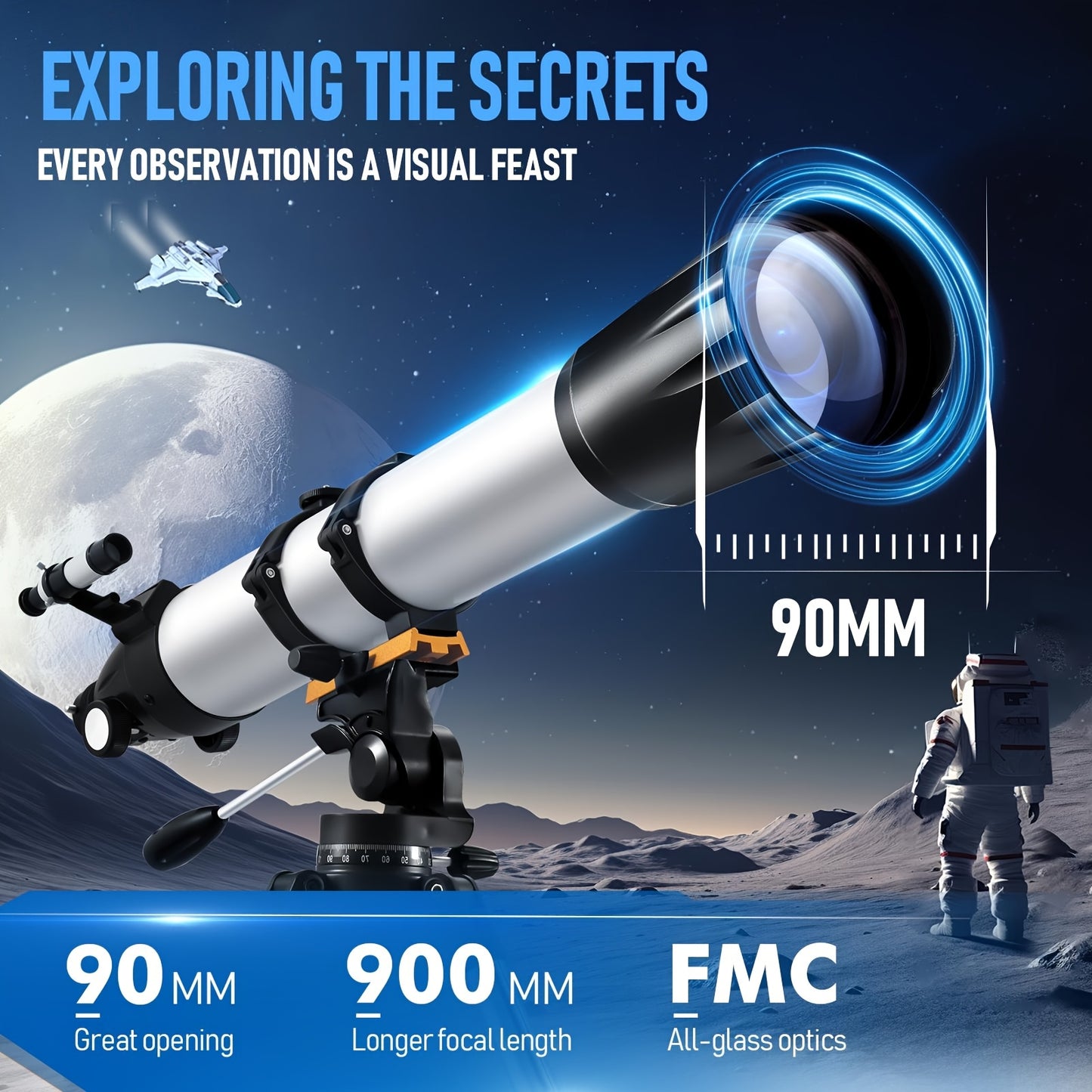 90mm Professional Astronomical Telescope, 90mm Objective Lens, 800mm Focal Length, 675x Magnification Moon Observing Telescope with Tripod - Suitable for Moon, Bird, Planetary Observation - Ideal Christmas And Birthday Gift