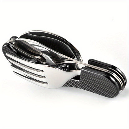 Stainless Steel 4-in-1 Outdoor Tableware Set with Folding Spoon, Fork, Knife, and Bottle Opener - Perfect for Camping, Picnics, Hiking, and Travel