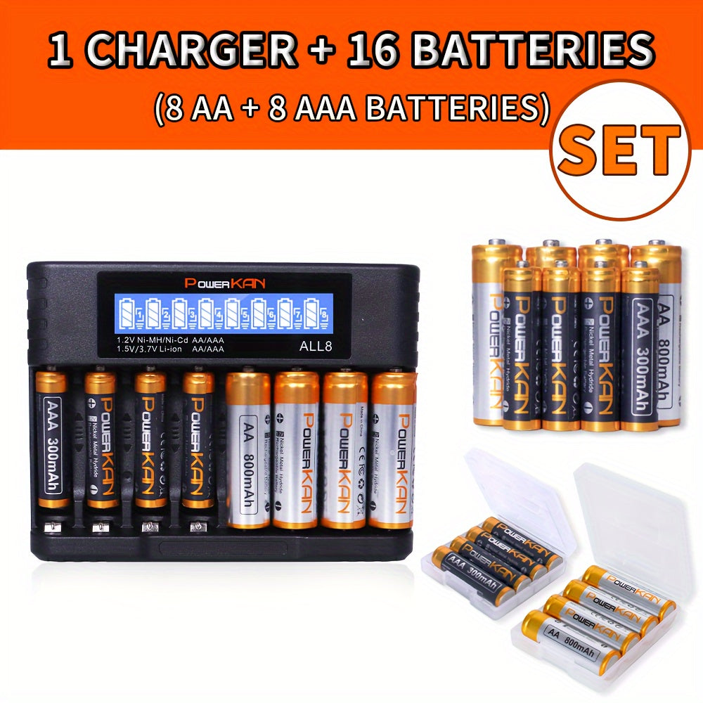 Set (battery + charger), PowerKAN 1.2V NiMH rechargeable AA & AAA Battery + ALL8 charger, high quality battery rechargeable discharge cycle, 800mAh AAx8 & 300mAh AAAx8 combination, with 5V 2A USB fast charging LCD charger