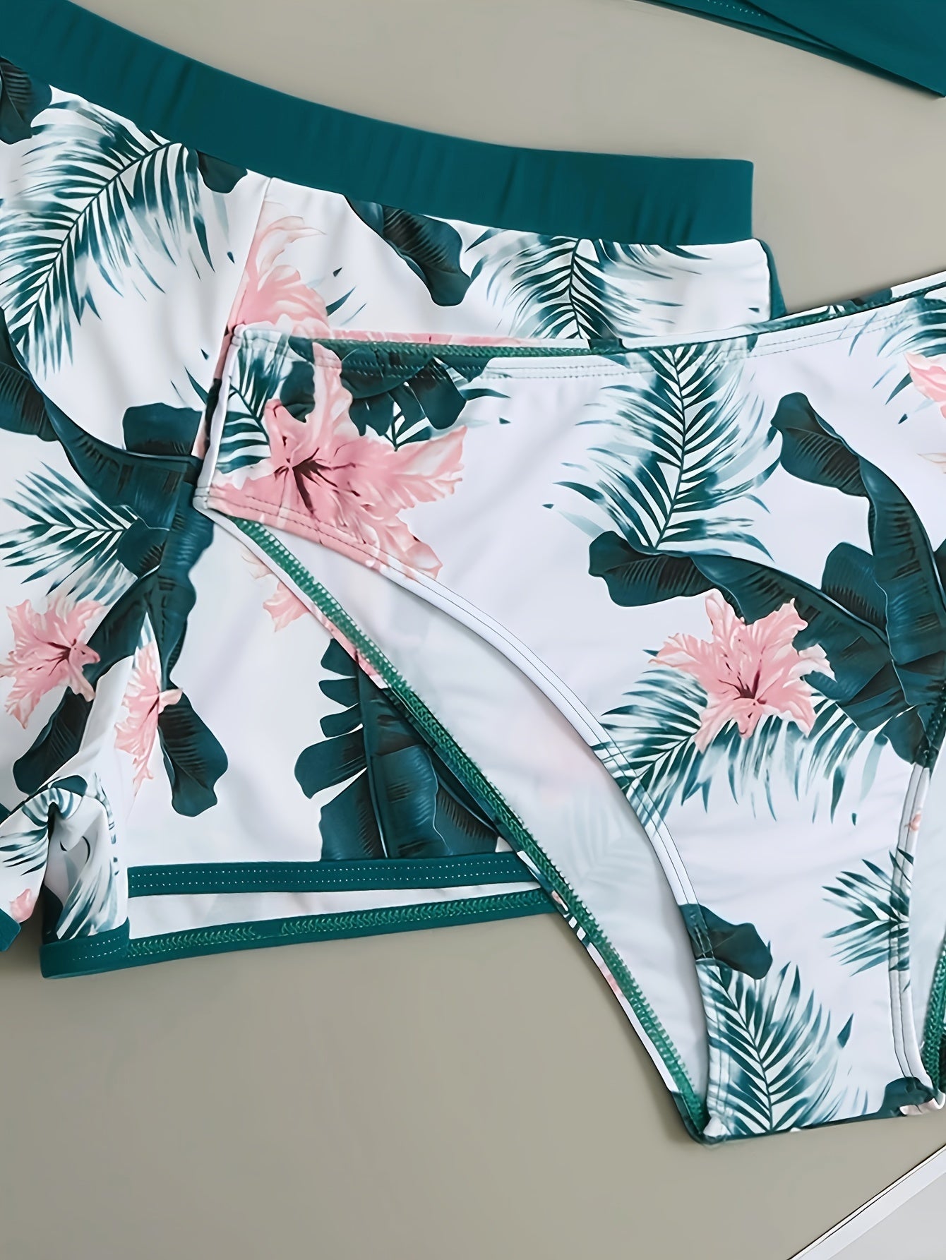 Floral Leaf Print Stretchy 3 Piece Set Swimsuits, Cross Spaghetti Strap Push Up Bikini & Boxer Shorts, Women's Swimwear & Clothing