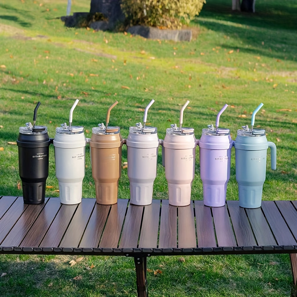 Copo térmico portátil de 1,4 litros (47,3 oz) com pega e tampa com palhinha, garrafa de água portátil de grande capacidade, copo de aço inoxidável para automóvel, ideal para desportos ao ar livre, viagens e campismo. Presente de Natal.