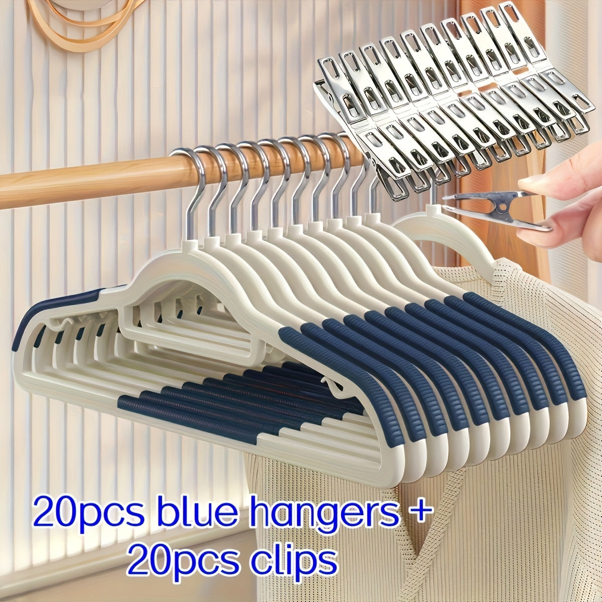 LDQ- 40pcs Set Non-slip Plastic Hangers + Stainless Steel Clips, Strong and Durable, 360° Heavy-Duty Rotating Hook Hanger, Four Seasons Home Clothes Drying and Storage and Organization, Suitable for Bedroom, Bathroom, Hom, R