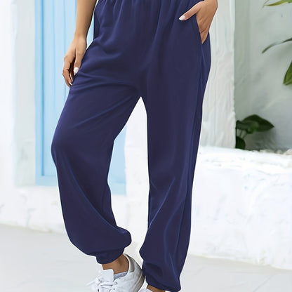 Women's High-Waisted Wide-Leg Cropped Pants - Casual Navy Blue Polyester, Elastic Waistband with Pockets, Perfect for Fall & Winter, Plus Size Pants