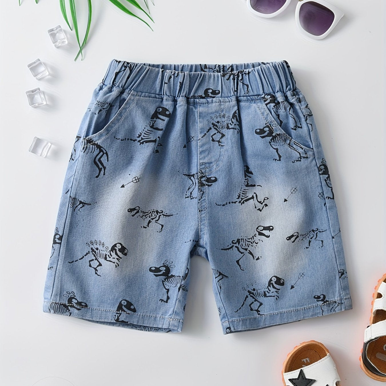 Skeleton Dinosaur Print Boys Comfortable Creative Denim Shorts, Casual Slightly Stretch Shorts For Summer Outdoor