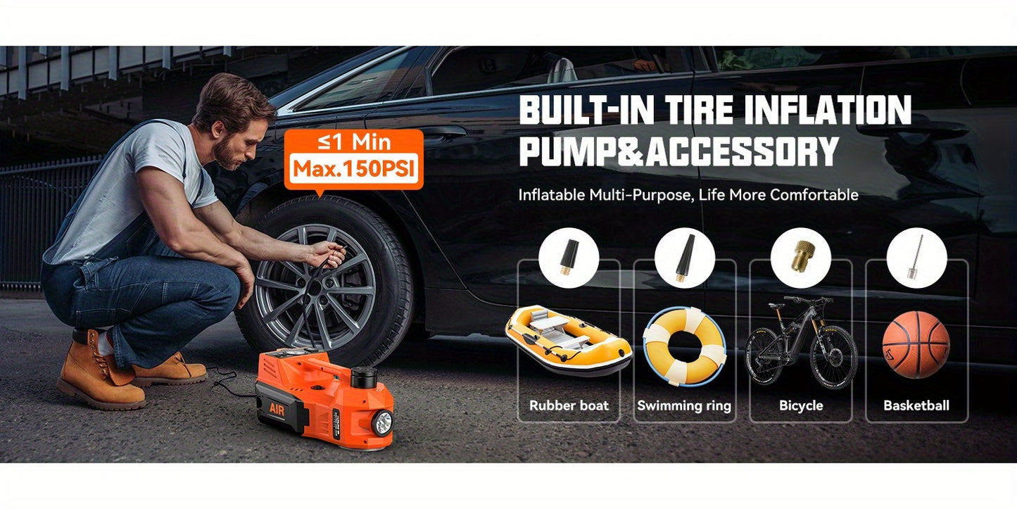 12V 5T Heavy-Duty Hydraulic Jack (15.5-45cm Lift) with Air Compressor & LED Light | Cordless Auto Lifting System for Car, SUV, Truck Tyre Change, Garage Repair