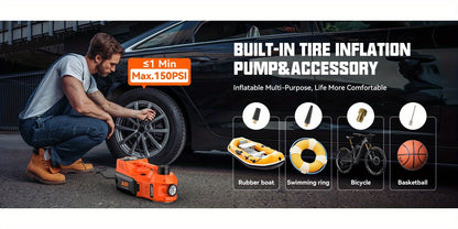 12V 5T Heavy-Duty Hydraulic Jack (15.5-45cm Lift) with Air Compressor & LED Light | Cordless Auto Lifting System for Car, SUV, Truck Tyre Change, Garage Repair