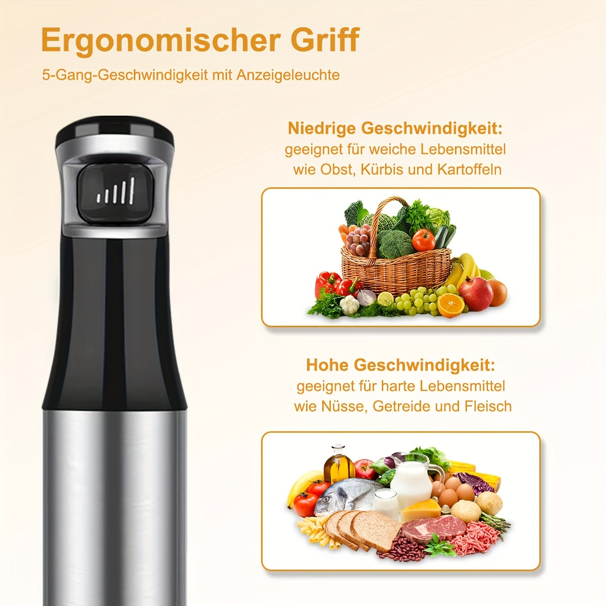 Liquidificador de Imersão Portátil 6 em 1 - Liquidificador em Aço Inoxidável com 5 Velocidades, Processador, Batedor e Espumador de Leite para Carnes, Puré de Batata e Papinhas de Bebé