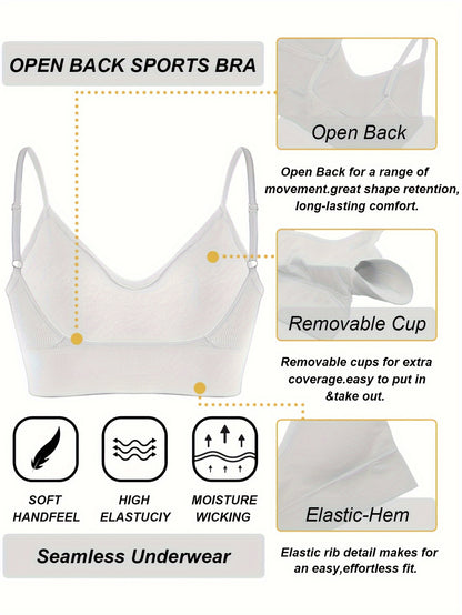 Solid Ribbed Sports Bra, Comfy & Breathable Workout Fitness Intimates Bra, Women's Lingerie & Underwear