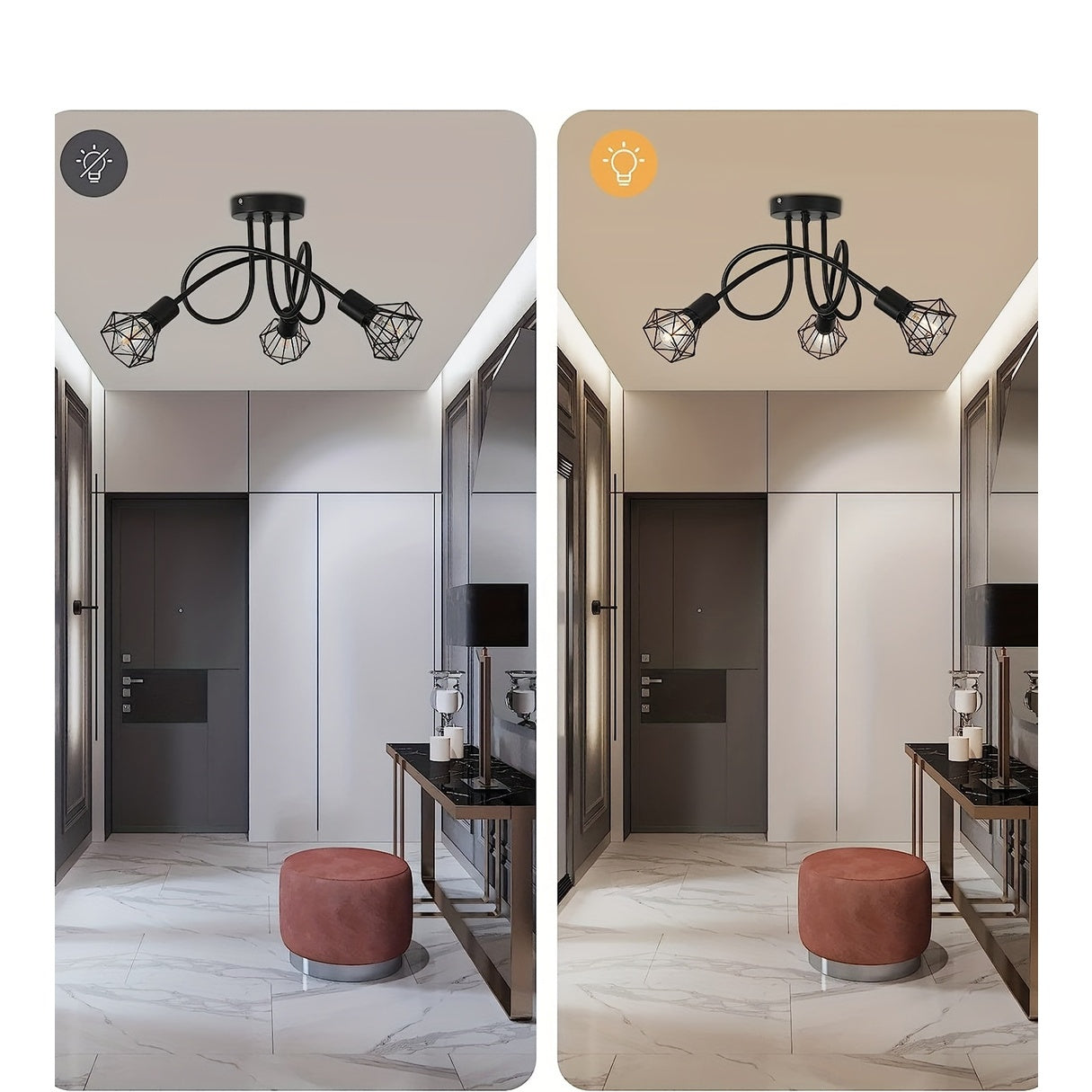 1pc Industrial 3 Way Ceiling Light, Hanging Light, Semi Flush Mount E14 Base, Black Metal Cage 3 Lights, Bedroom, Living Room, Dining Room, Hallway, Ceiling Light Fixture (Bulb Not Included)