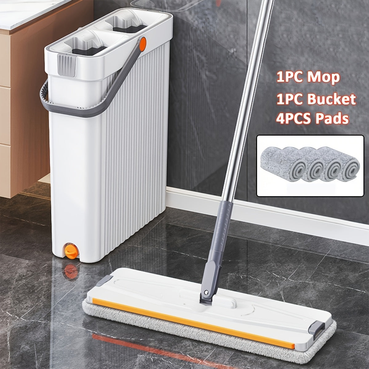LDQ Heavy-Duty Mop & Bucket Set with 4 Washable Reusable Pads (Compatible with /Mop) - Wet/Dry Floor & Window, Space-Saving Stackable Design, Manual Operation for, Office, Commercial Use - No Required