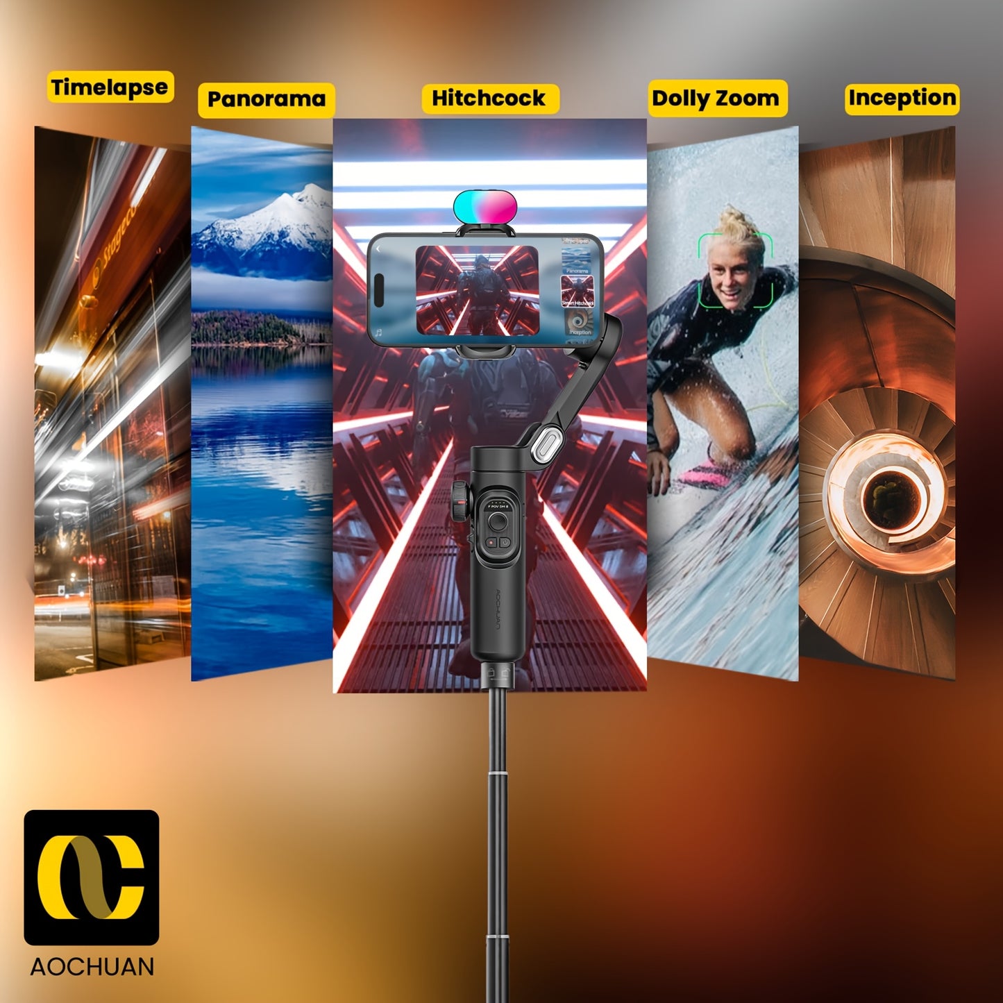 Estabilizador de telemóvel AOCHUAN de 3 eixos com IA 7.0 para estabilização, seguimento de rosto/objeto por IA, zoom e focagem, ideal para gravação de vídeos com smartphone. Capacidade de carga de 250g.