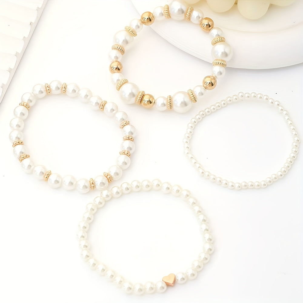 4pcs Set Real-Looking Faux Imitation Pearl Bracelet & Necklace-like Bead Set (No Coating) - White & Imitation Pearl with Golden-Tone Caps, Matching Large Beads - Wedding, Party, Daily Wear - Luxury Year-Round Collection for W