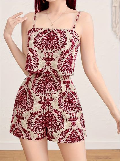 Women'S Elegant Off-Shoulder Jumpsuit - & Brown Floral Print, Backless Design, Lightweight Summer Outfit for Parties, Dates