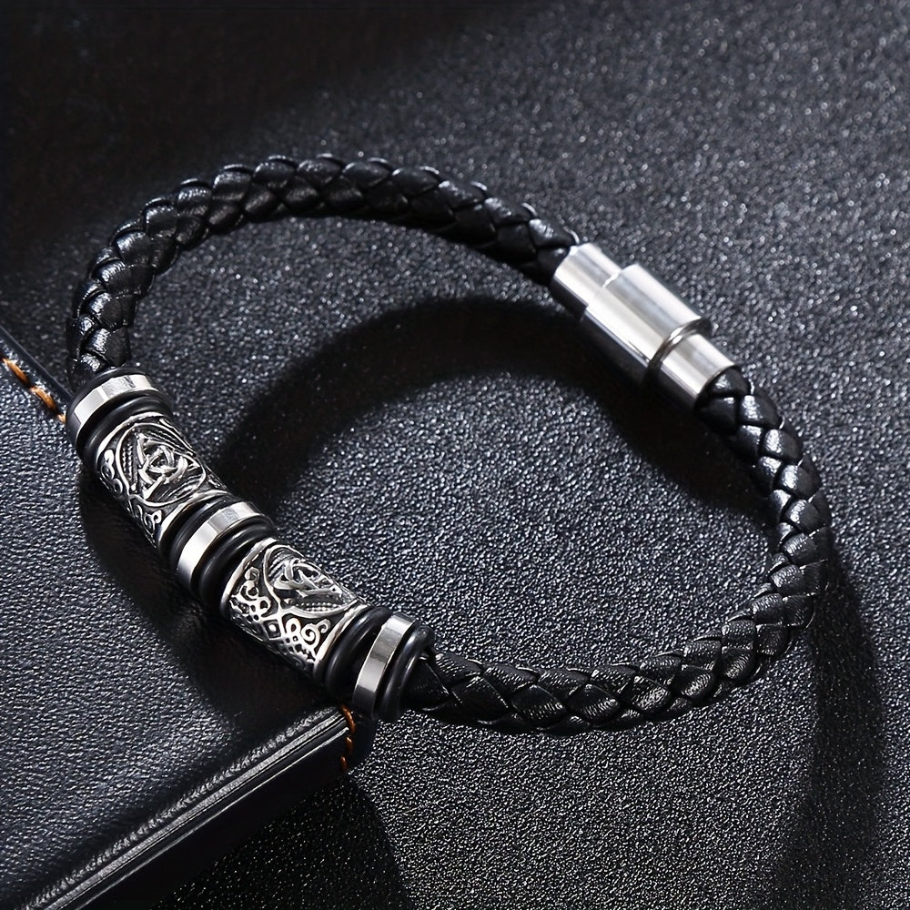 Men's Leather Bracelet, Handwoven Faux Leather Wristband - 21cm Elegant Multi-Layer Adjustable Strap, Durable Daily & Party Accessory Gift for Him