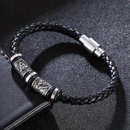 Men's Leather Bracelet, Handwoven Faux Leather Wristband - 21cm Elegant Multi-Layer Adjustable Strap, Durable Daily & Party Accessory Gift for Him