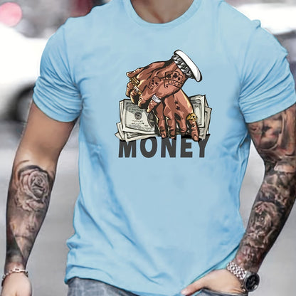 Cartoon Money & Hands Print, Men's Graphic Design Crew Neck Niche T-shirt, Casual Comfy Tees Tshirts For Summer, Men's Clothing Tops For Daily Vacation Resorts
