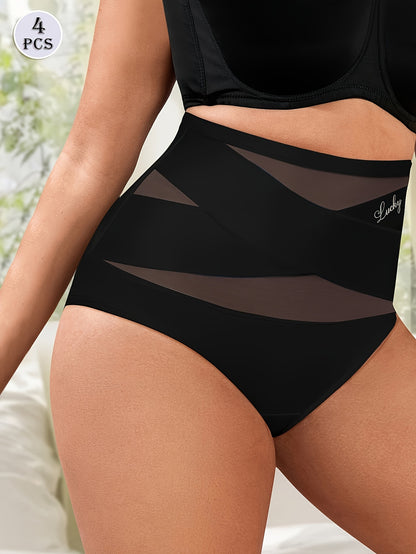 Conjunto de 4 cuecas modeladoras plus size de cintura subida com controlo abdominal, em malha respirável, sem costuras e com detalhe cruzado.